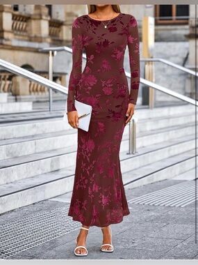 MEROKEETY 2026 Long Sleeve Bodycon Floral Mesh Fall Cocktail Formal Party Dress